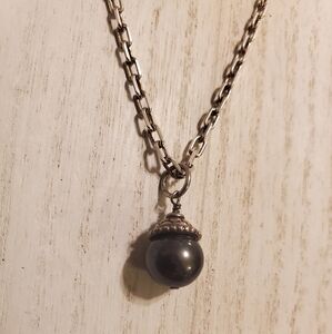Vintage Dainty Sterling Silver & Tahitian Black Pearl Pendant 17.5" Necklace